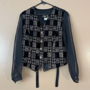 R&K Vintage Black and Silver Checkered Blouse sheer sleeves size large